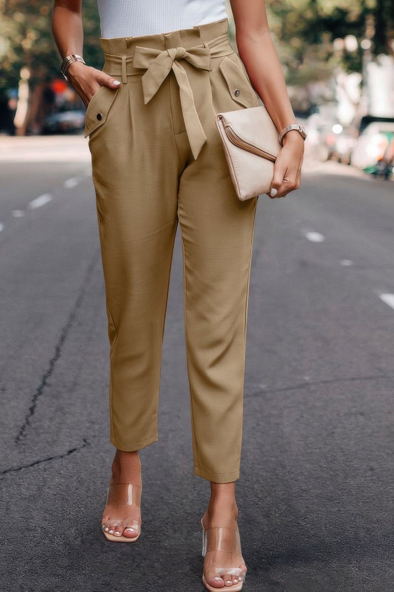 Ruffle Belt Pocket Solid Skinny Pants - Wear Arielle
