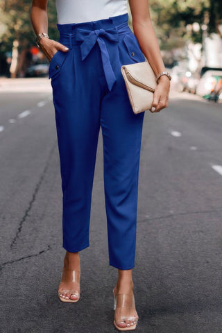 Ruffle Belt Pocket Solid Skinny Pants - Wear Arielle