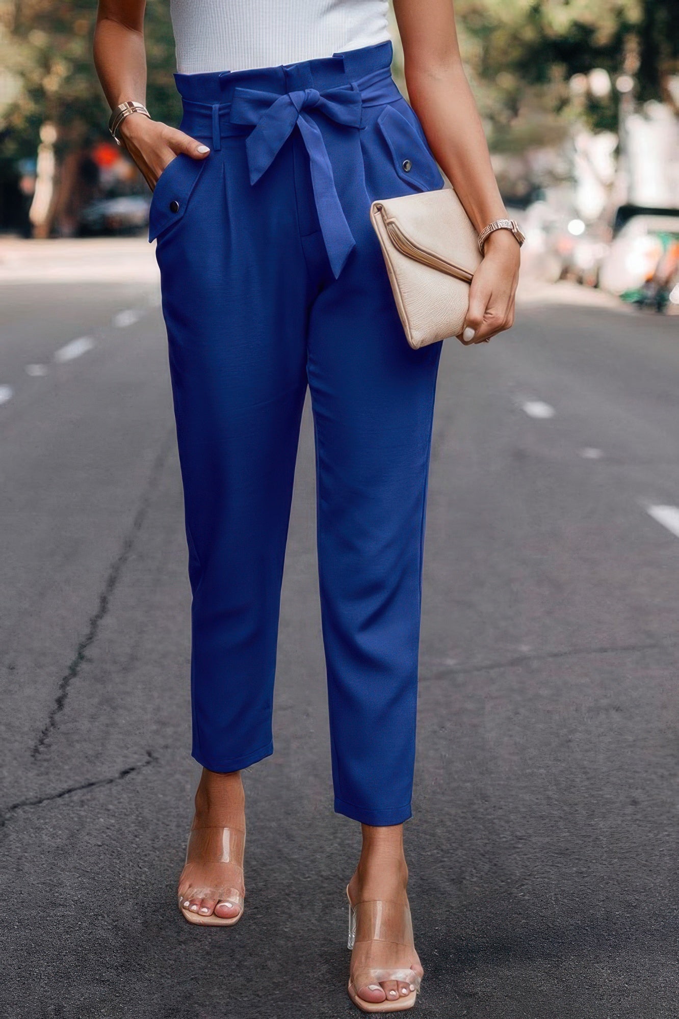 Ruffle Belt Pocket Solid Skinny Pants - Wear Arielle