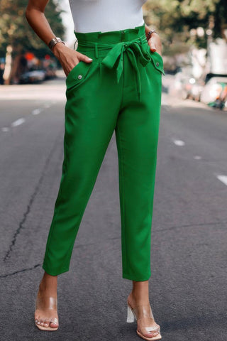 Ruffle Belt Pocket Solid Skinny Pants - Wear Arielle
