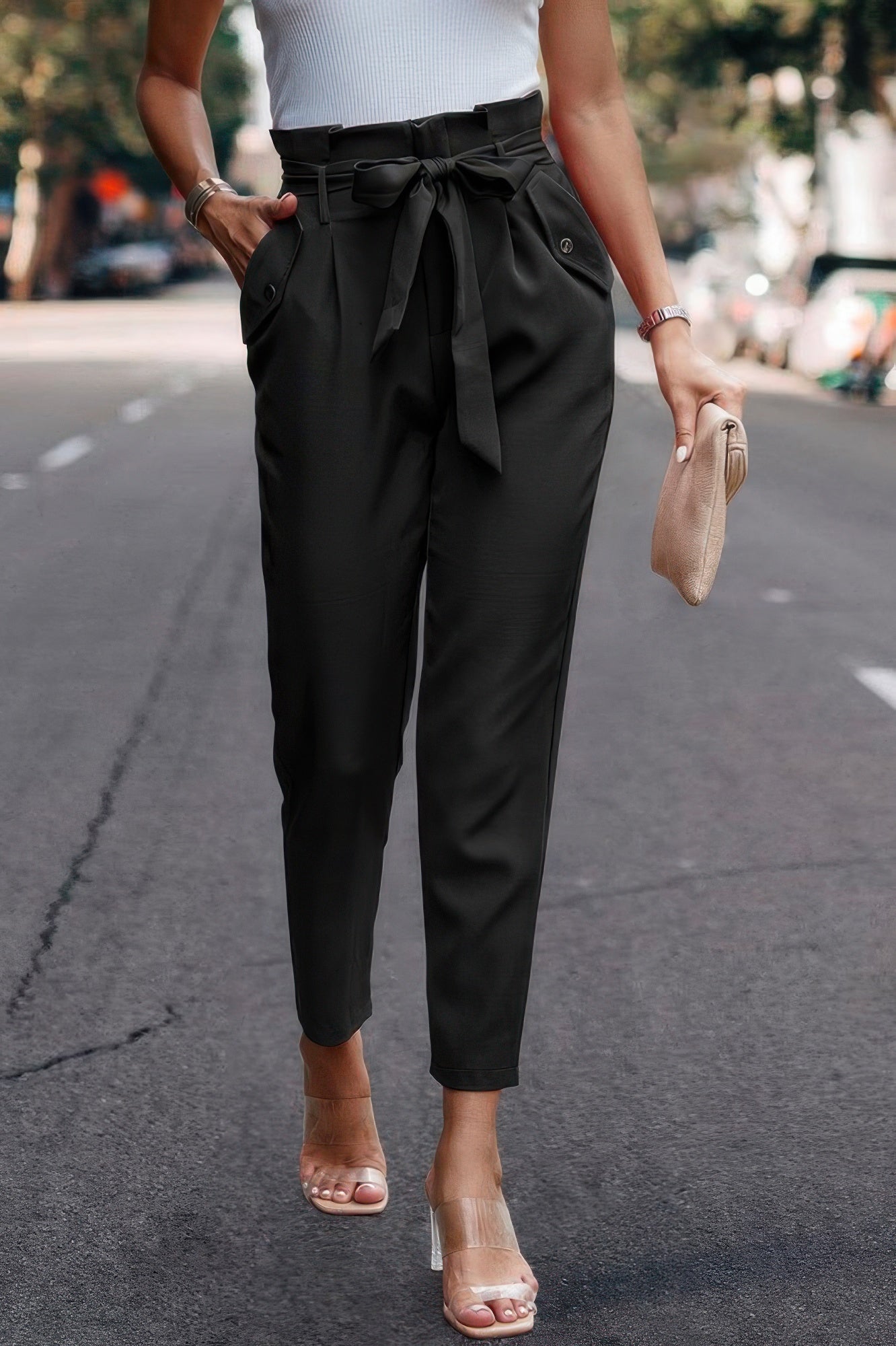 Ruffle Belt Pocket Solid Skinny Pants - Wear Arielle