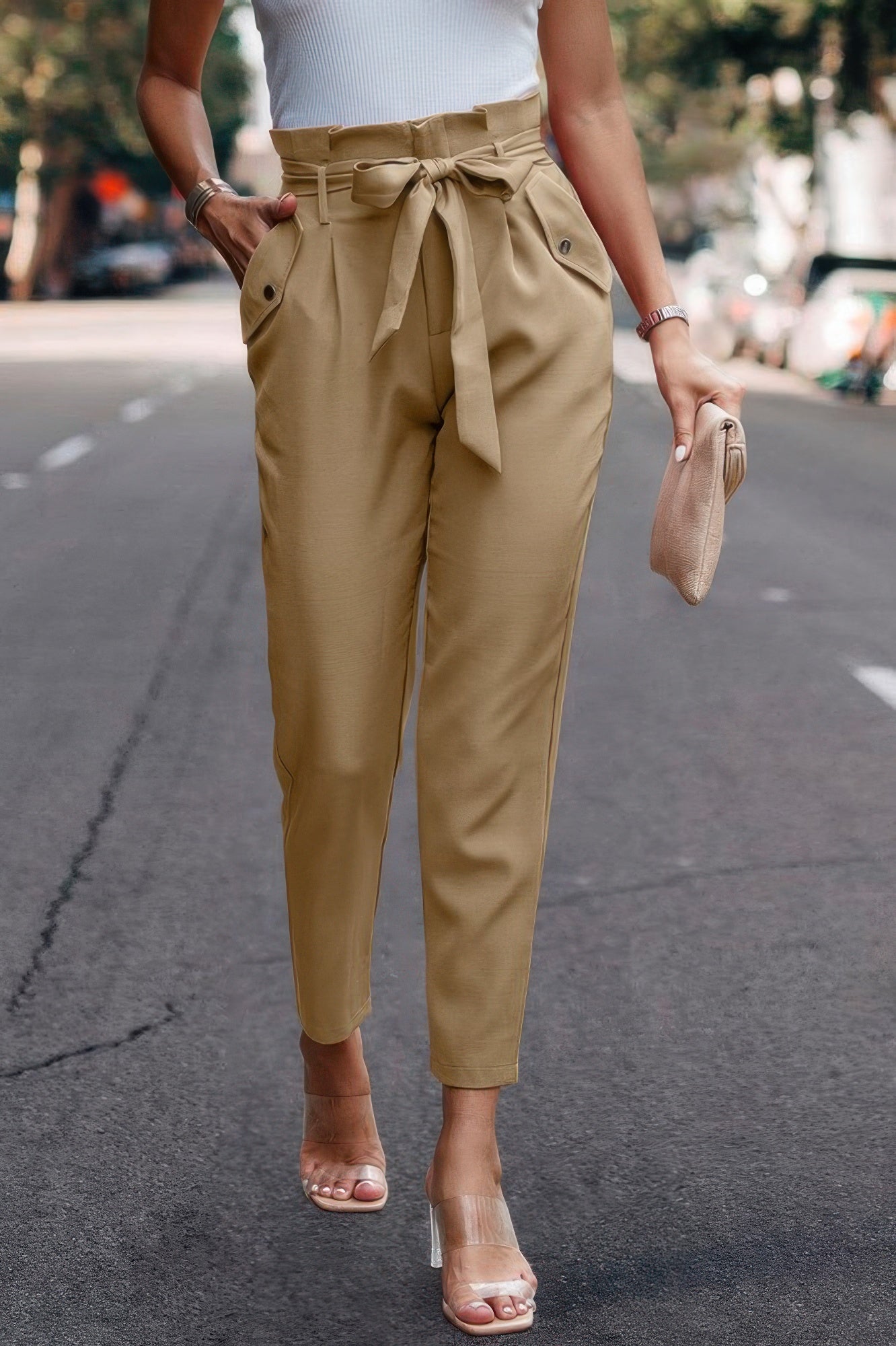 Ruffle Belt Pocket Solid Skinny Pants - Wear Arielle