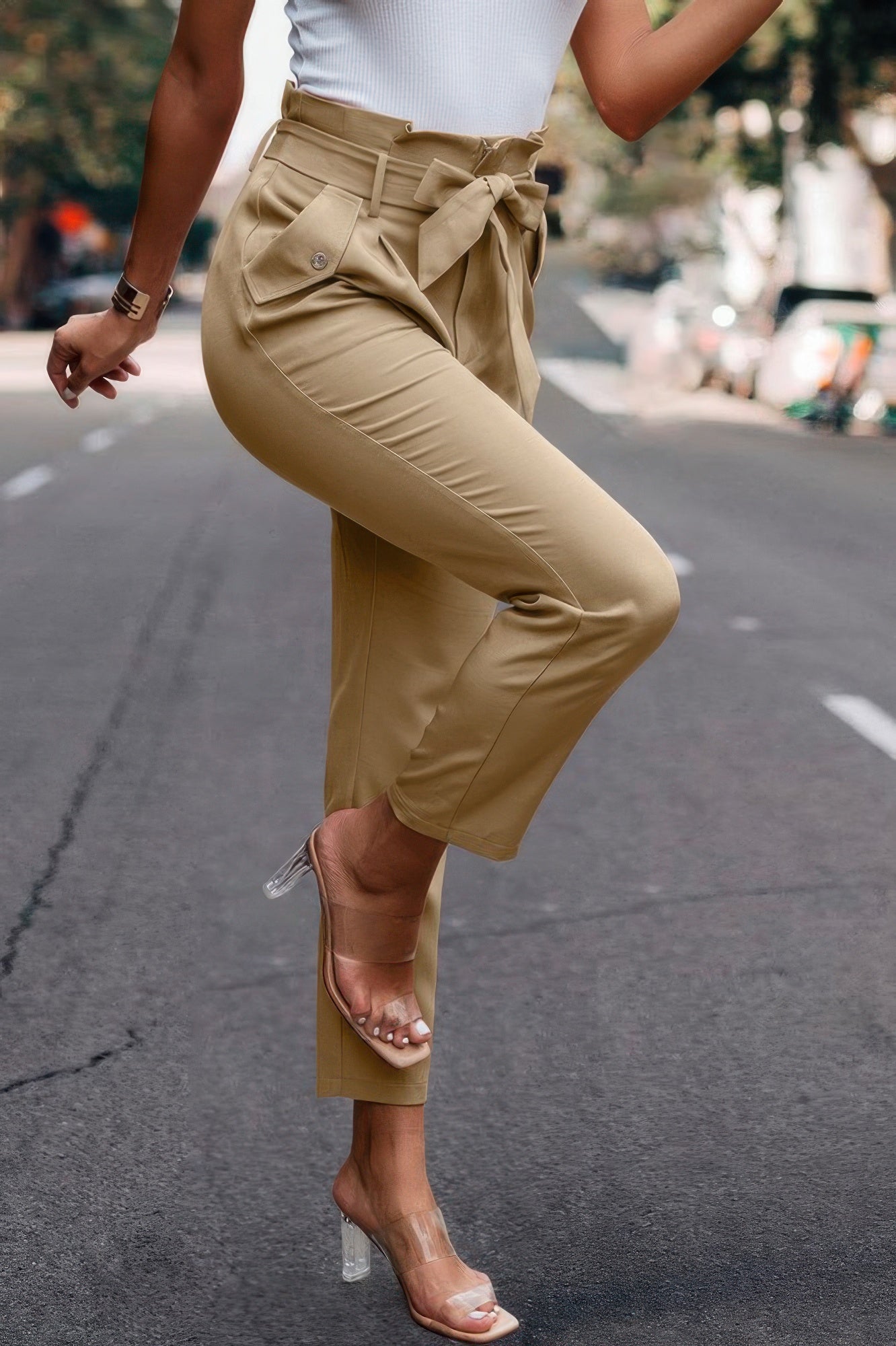 Ruffle Belt Pocket Solid Skinny Pants - Wear Arielle