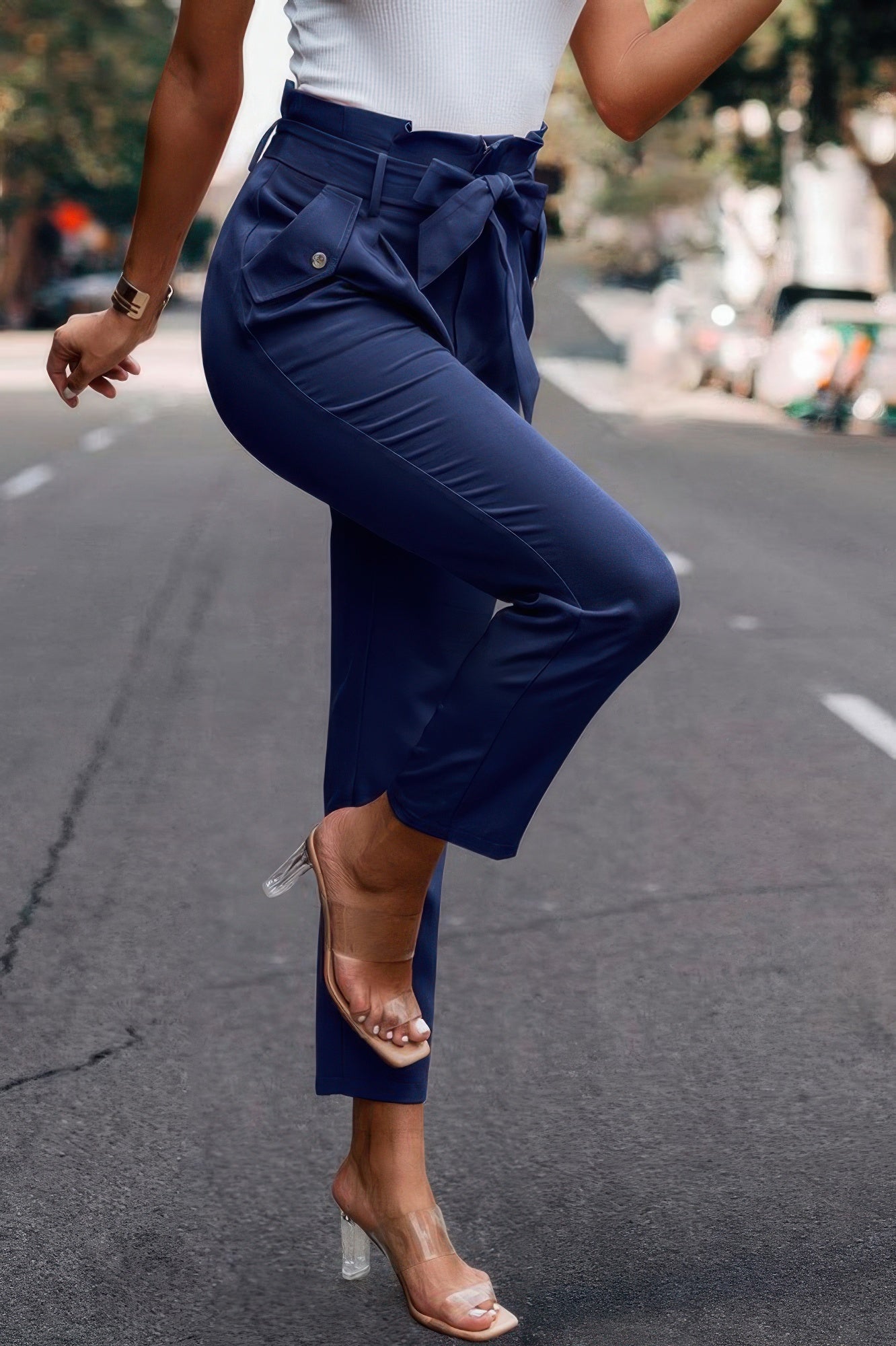 Ruffle Belt Pocket Solid Skinny Pants - Wear Arielle