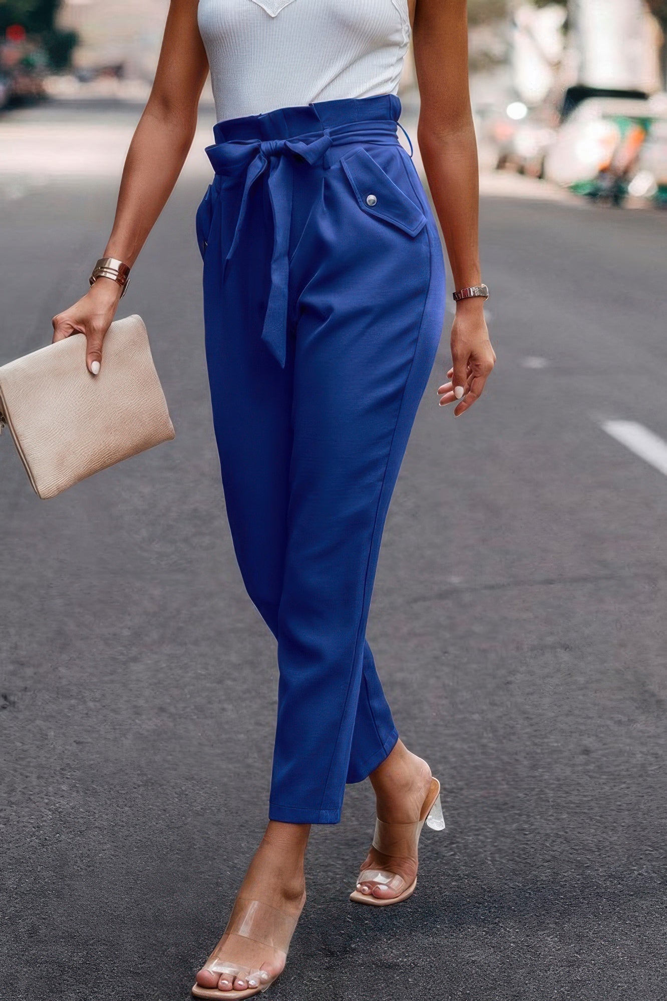 Ruffle Belt Pocket Solid Skinny Pants - Wear Arielle