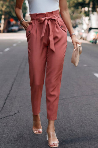 Ruffle Belt Pocket Solid Skinny Pants - Wear Arielle