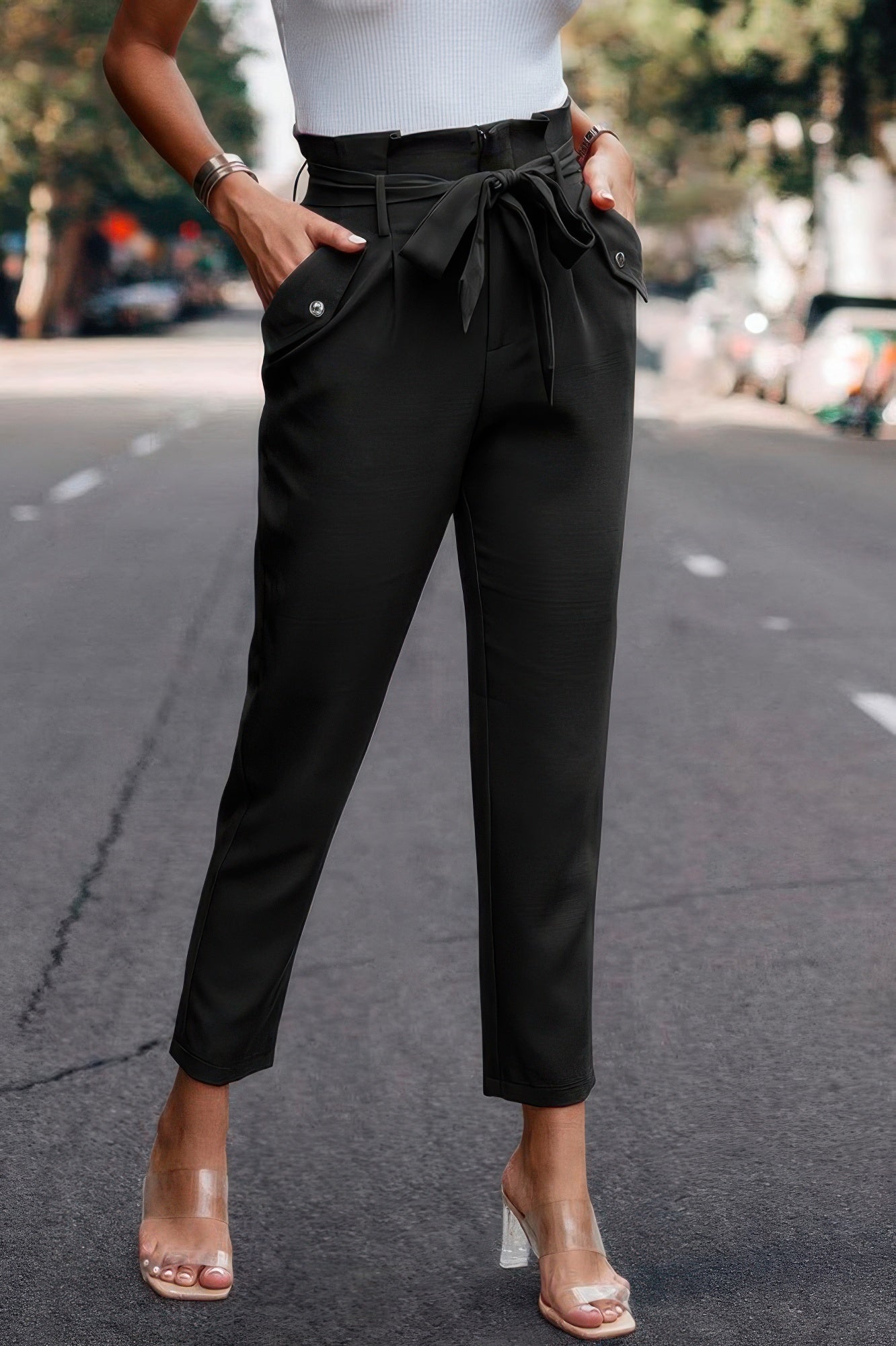 Ruffle Belt Pocket Solid Skinny Pants - Wear Arielle