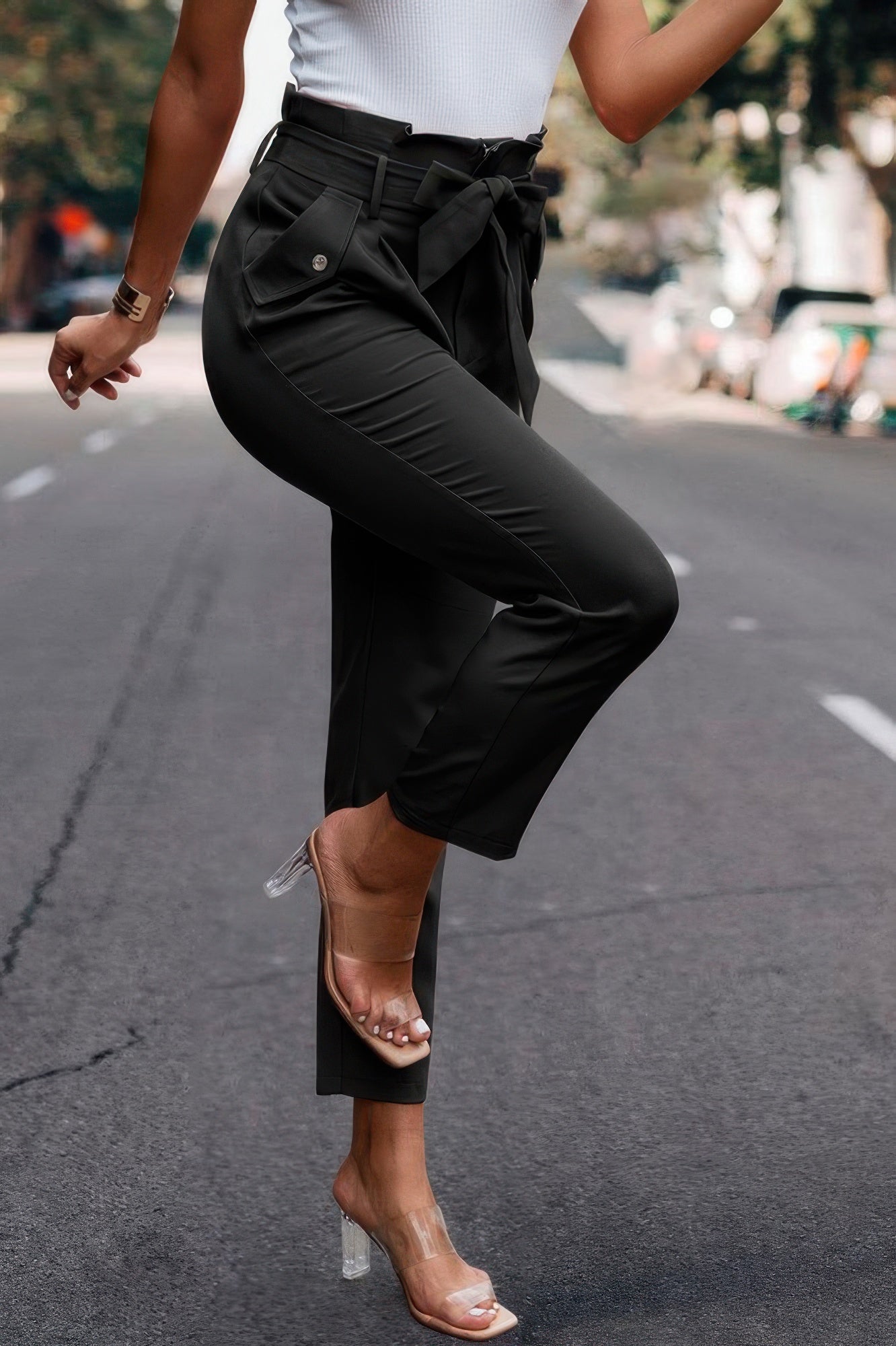 Ruffle Belt Pocket Solid Skinny Pants - Wear Arielle
