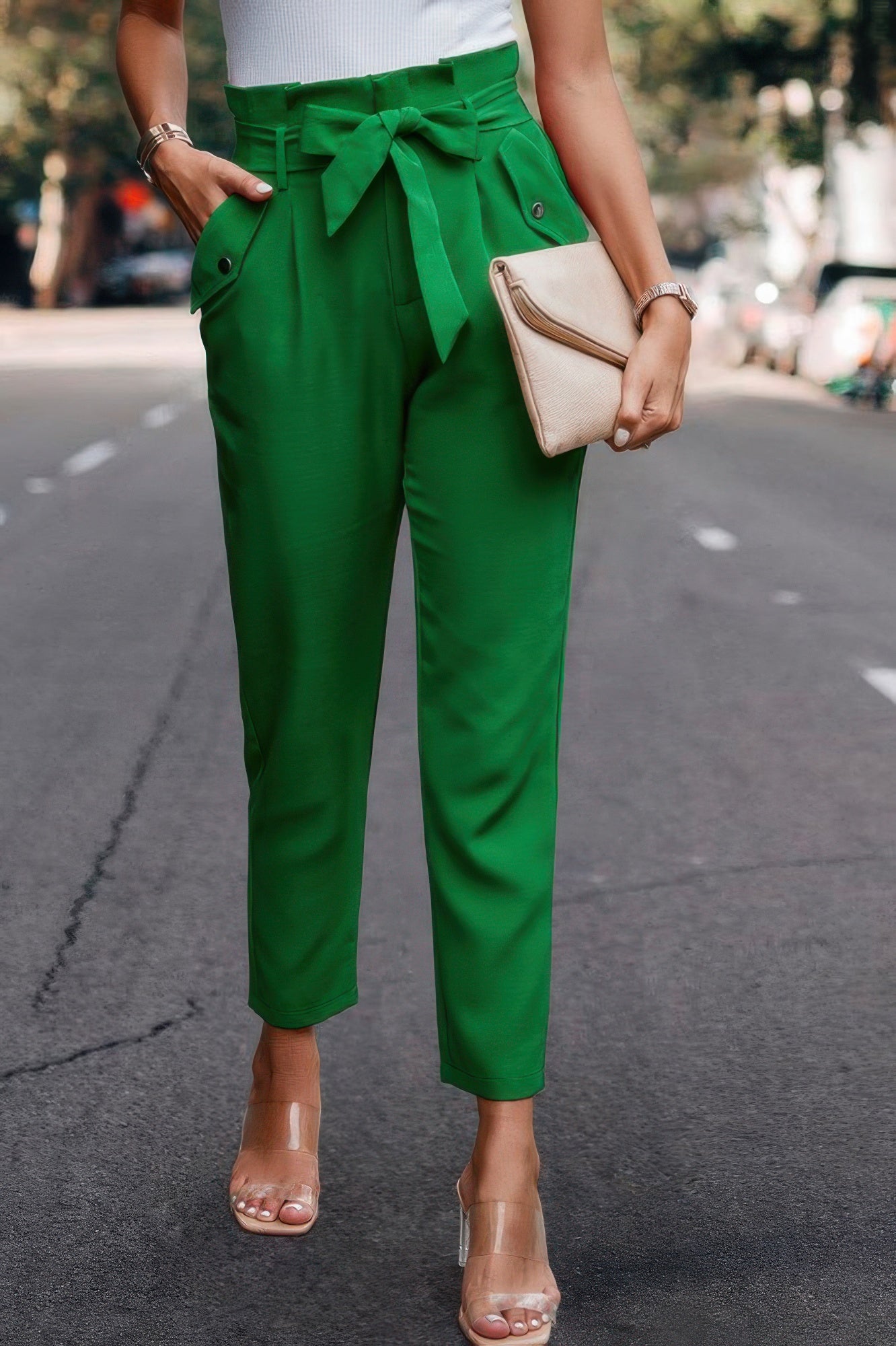 Ruffle Belt Pocket Solid Skinny Pants - Wear Arielle