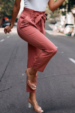 Ruffle Belt Pocket Solid Skinny Pants - Wear Arielle
