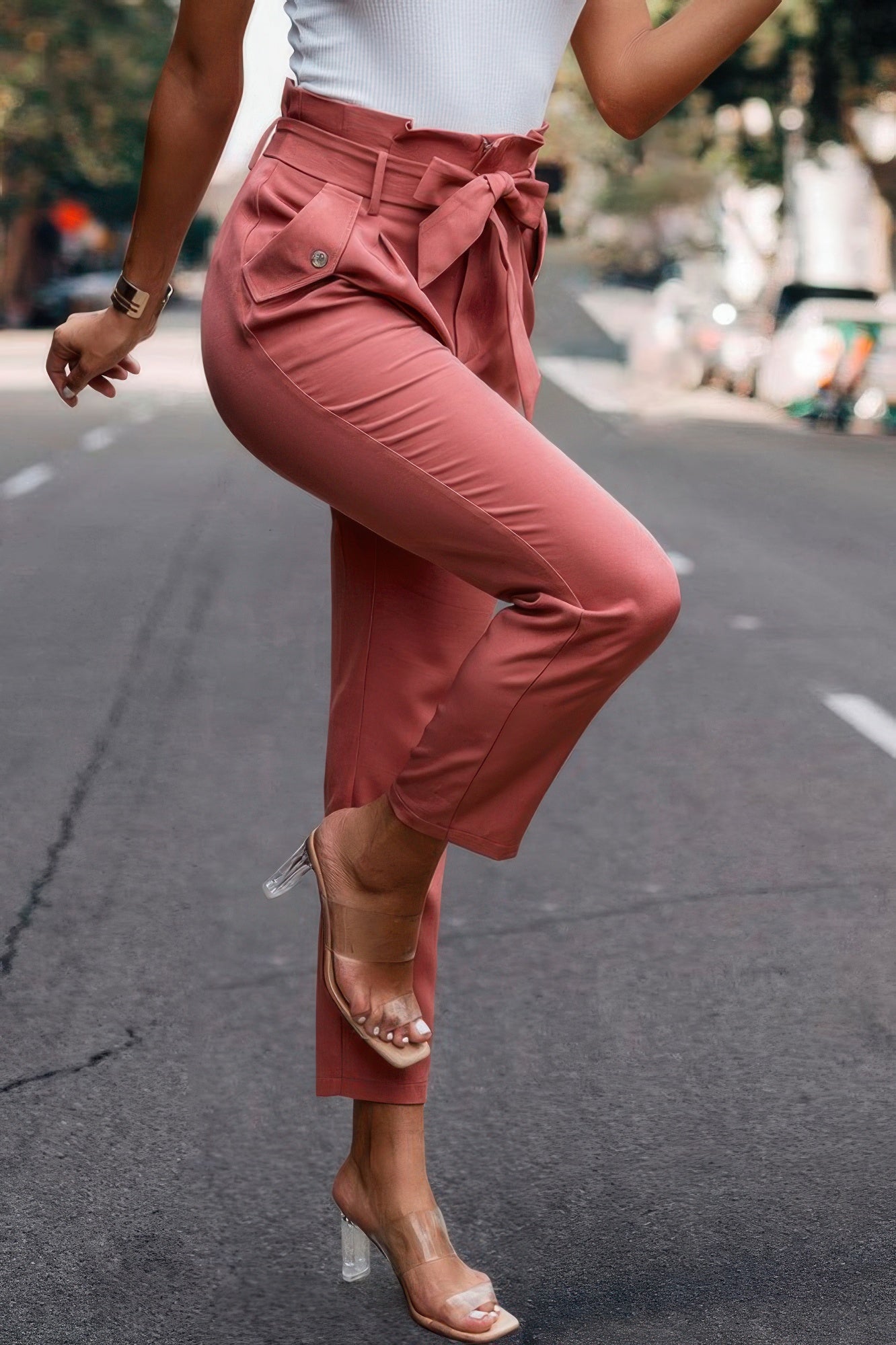 Ruffle Belt Pocket Solid Skinny Pants - Wear Arielle