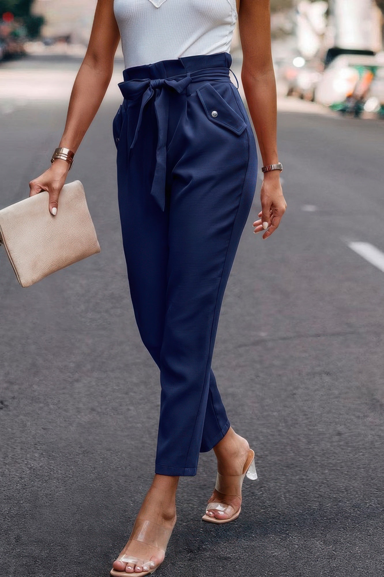 Ruffle Belt Pocket Solid Skinny Pants - Wear Arielle