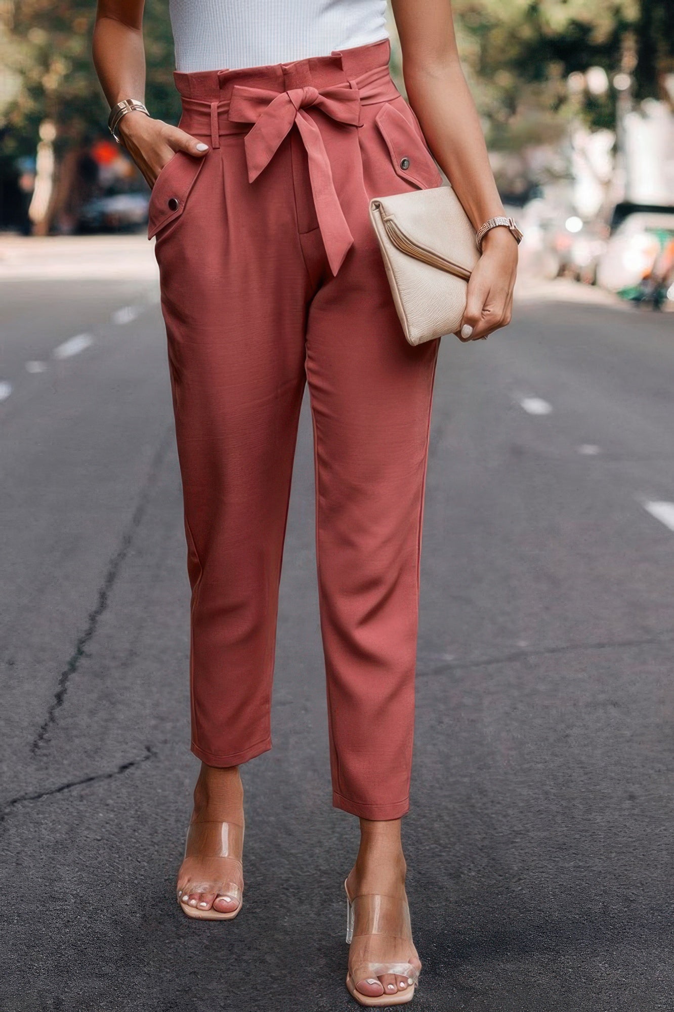 Ruffle Belt Pocket Solid Skinny Pants - Wear Arielle