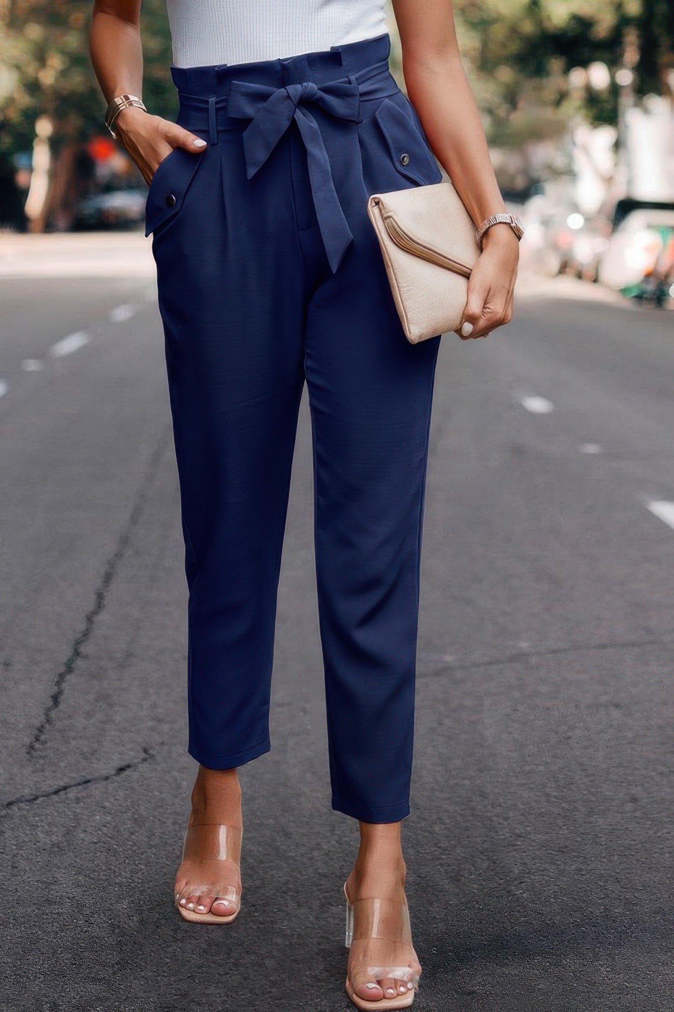 Ruffle Belt Pocket Solid Skinny Pants - Wear Arielle