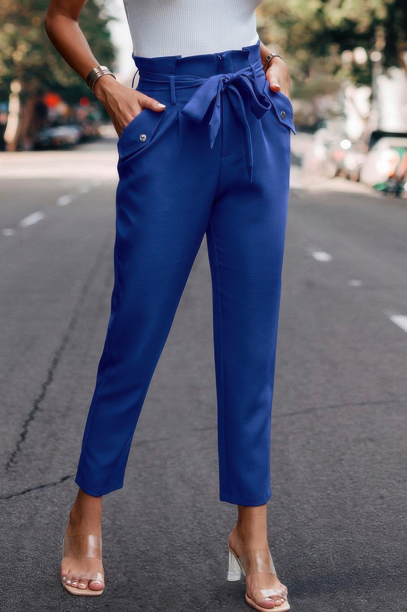Ruffle Belt Pocket Solid Skinny Pants - Wear Arielle