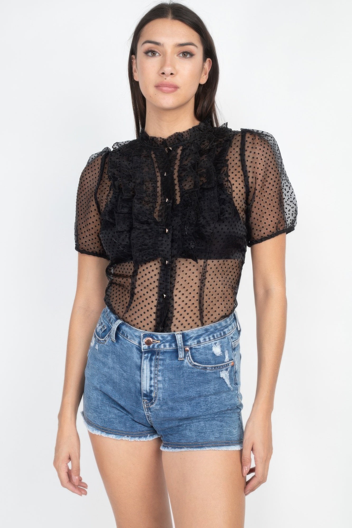 Sheer Ruffle - trim Dot Top - Wear Arielle