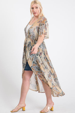 Short Sleeves Long - line Printed Mesh Open Cardigan - Wear Arielle