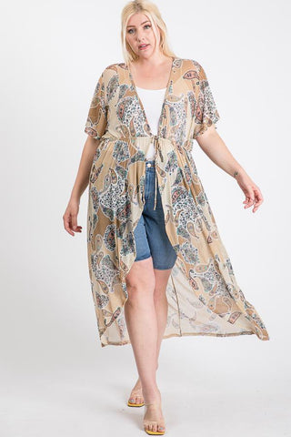 Short Sleeves Long - line Printed Mesh Open Cardigan - Wear Arielle
