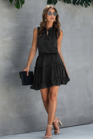 Sleeveless Tie Neck Frill Trim Tiered Layer Dress - Wear Arielle