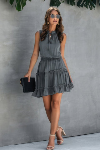 Sleeveless Tie Neck Frill Trim Tiered Layer Dress - Wear Arielle
