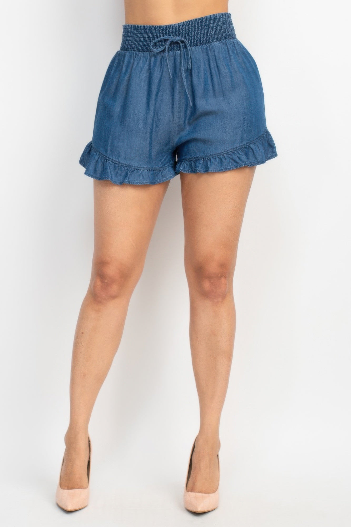 Smocked Waist Ruffled Denim Shorts - Wear Arielle