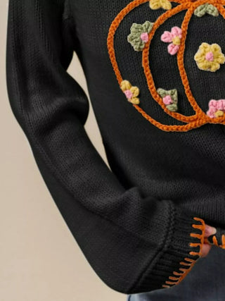 SO ME Pumpkin Floral Embroidered Thanksgiving Sweater - Wear Arielle