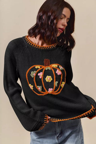 SO ME Pumpkin Floral Embroidered Thanksgiving Sweater - Wear Arielle