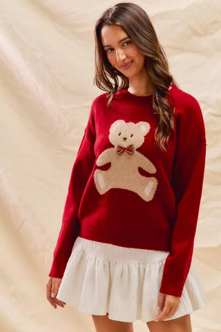 SO ME Teddy Bear With Check Ribbon Christmas Sweater - Wear Arielle