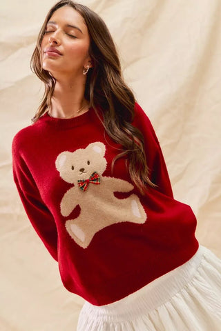 SO ME Teddy Bear With Check Ribbon Christmas Sweater - Wear Arielle