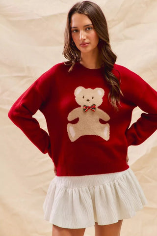 SO ME Teddy Bear With Check Ribbon Christmas Sweater - Wear Arielle