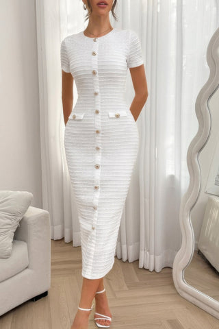 Solid Buckle Design Zipper Split Short Sleeve Dress - Wear Arielle