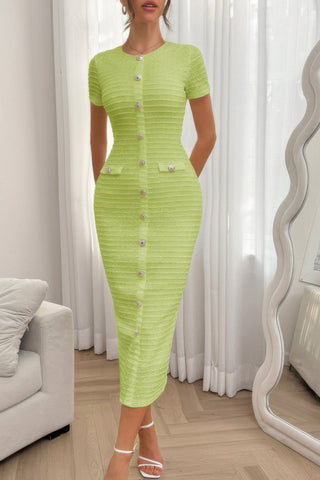 Solid Buckle Design Zipper Split Short Sleeve Dress - Wear Arielle