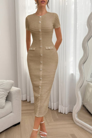 Solid Buckle Design Zipper Split Short Sleeve Dress - Wear Arielle