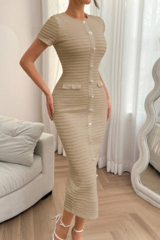 Solid Buckle Design Zipper Split Short Sleeve Dress - Wear Arielle