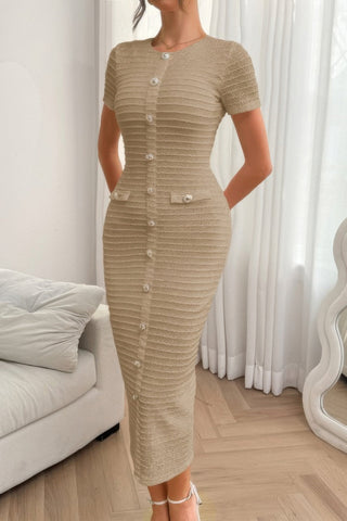 Solid Buckle Design Zipper Split Short Sleeve Dress - Wear Arielle