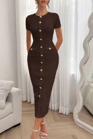 Solid Buckle Design Zipper Split Short Sleeve Dress - Wear Arielle