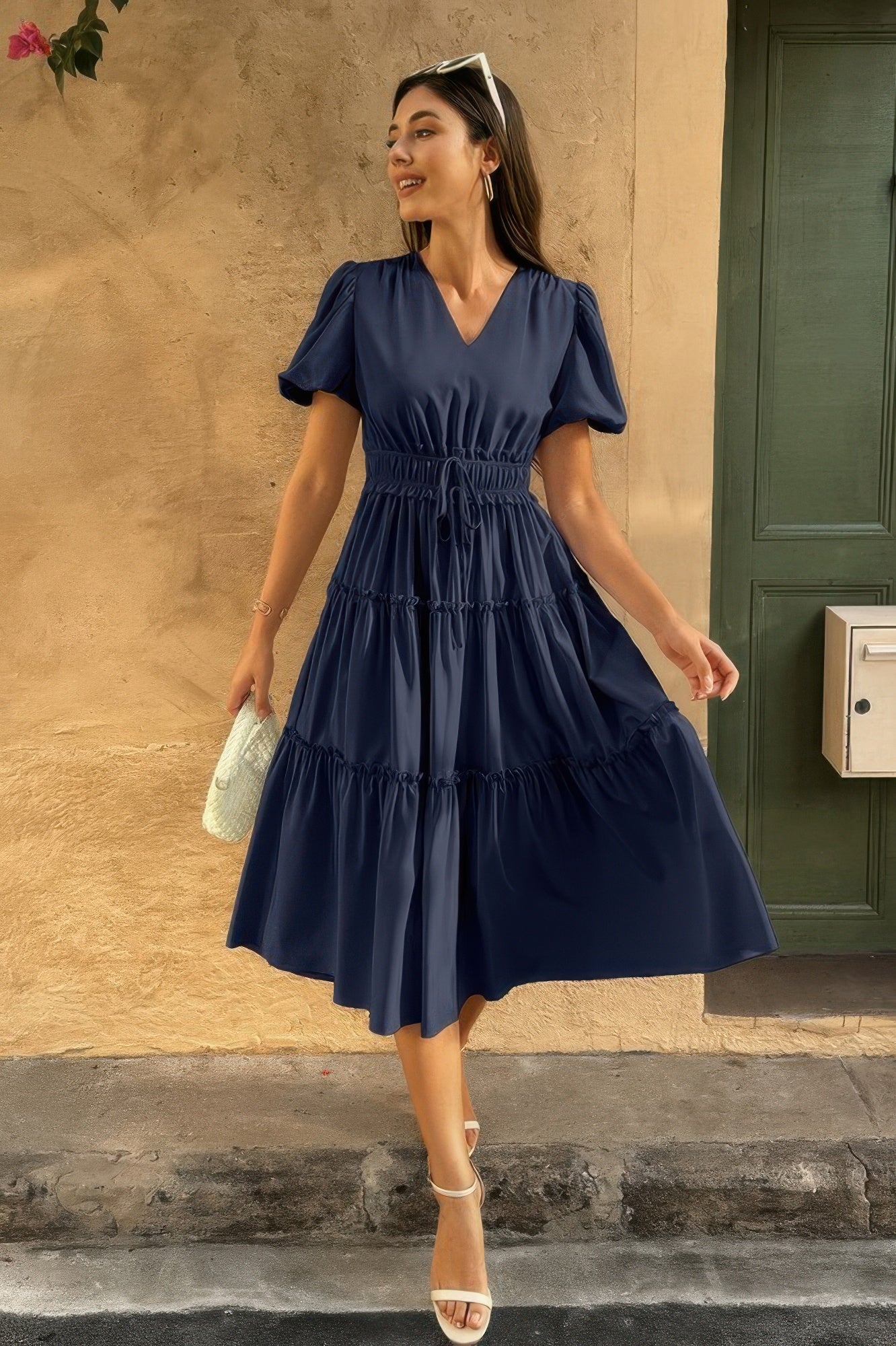 Solid Color Block Puff Sleeve Elastic Waist Dress - Wear Arielle