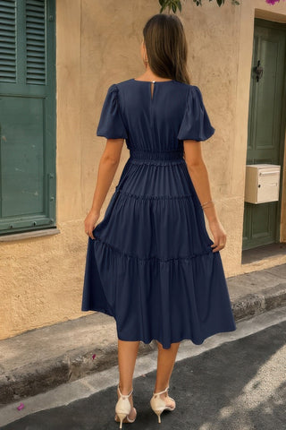 Solid Color Block Puff Sleeve Elastic Waist Dress - Wear Arielle