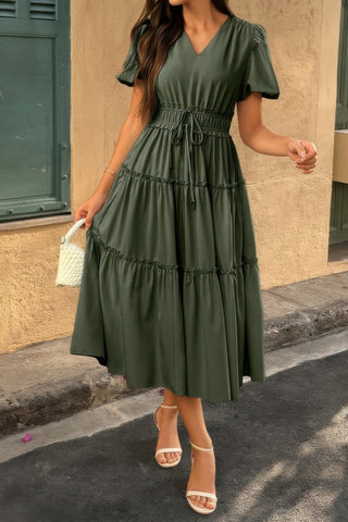 Solid Color Block Puff Sleeve Elastic Waist Dress - Wear Arielle