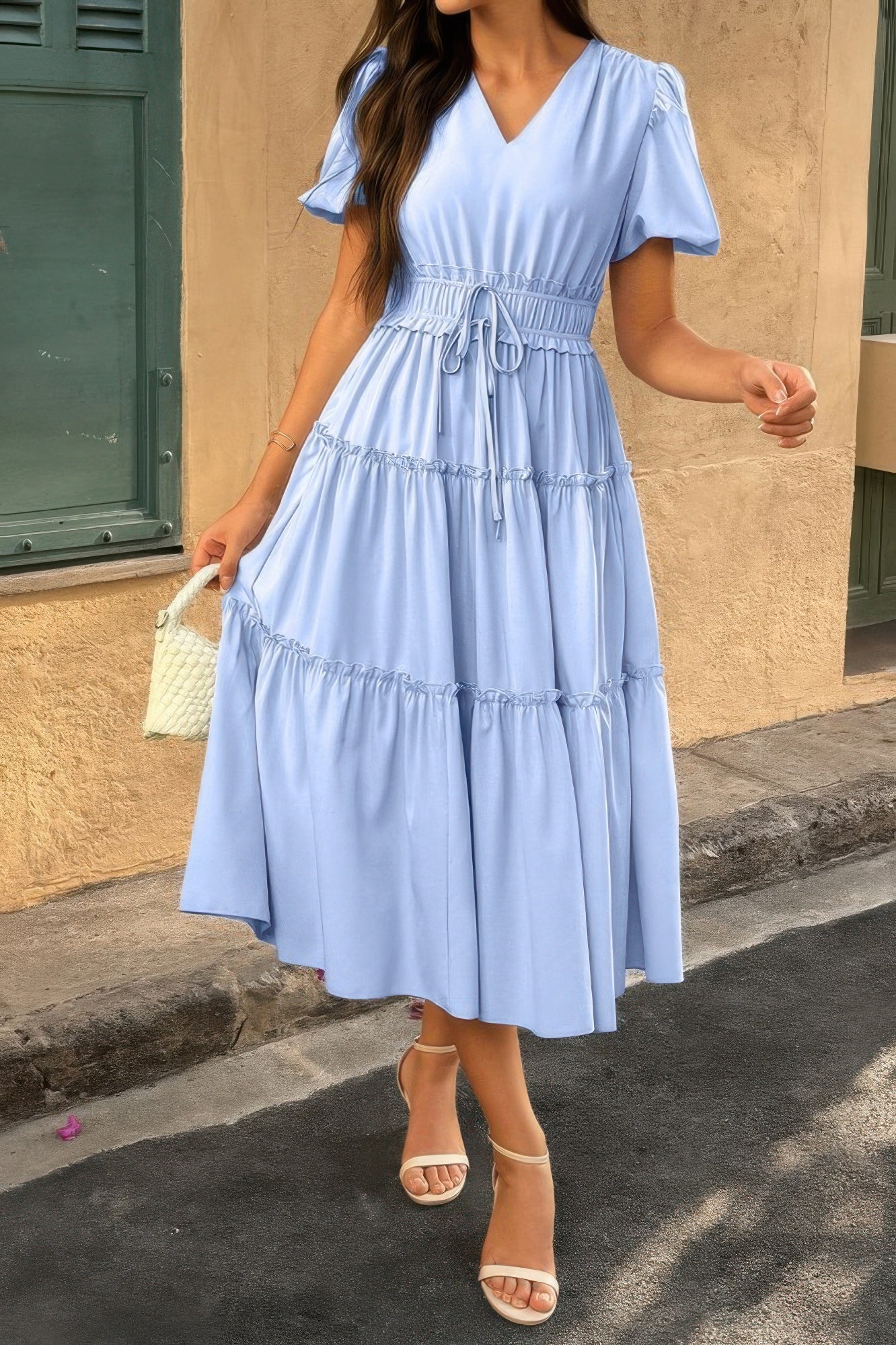 Solid Color Block Puff Sleeve Elastic Waist Dress - Wear Arielle