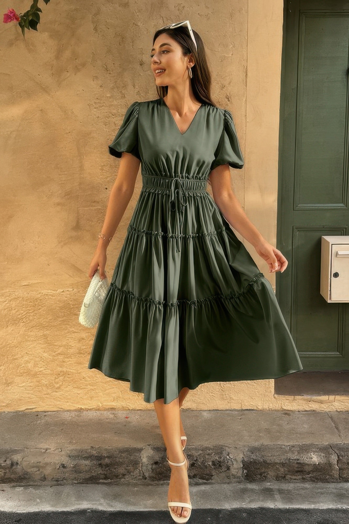 Solid Color Block Puff Sleeve Elastic Waist Dress - Wear Arielle