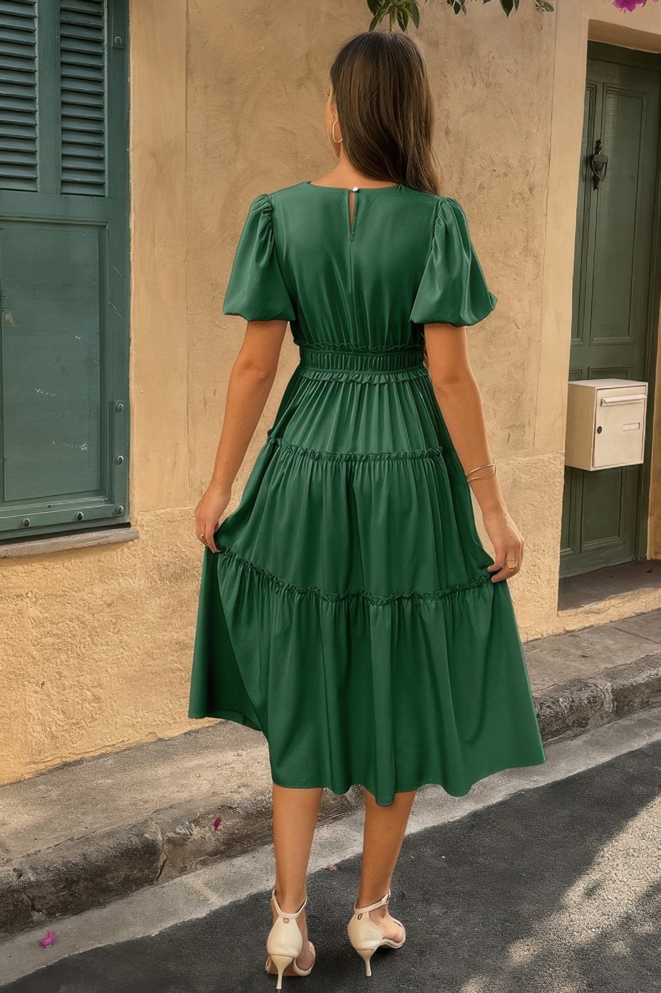 Solid Color Block Puff Sleeve Elastic Waist Dress - Wear Arielle