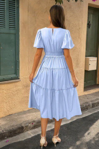 Solid Color Block Puff Sleeve Elastic Waist Dress - Wear Arielle