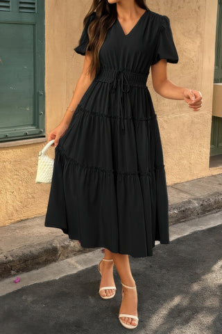 Solid Color Block Puff Sleeve Elastic Waist Dress - Wear Arielle
