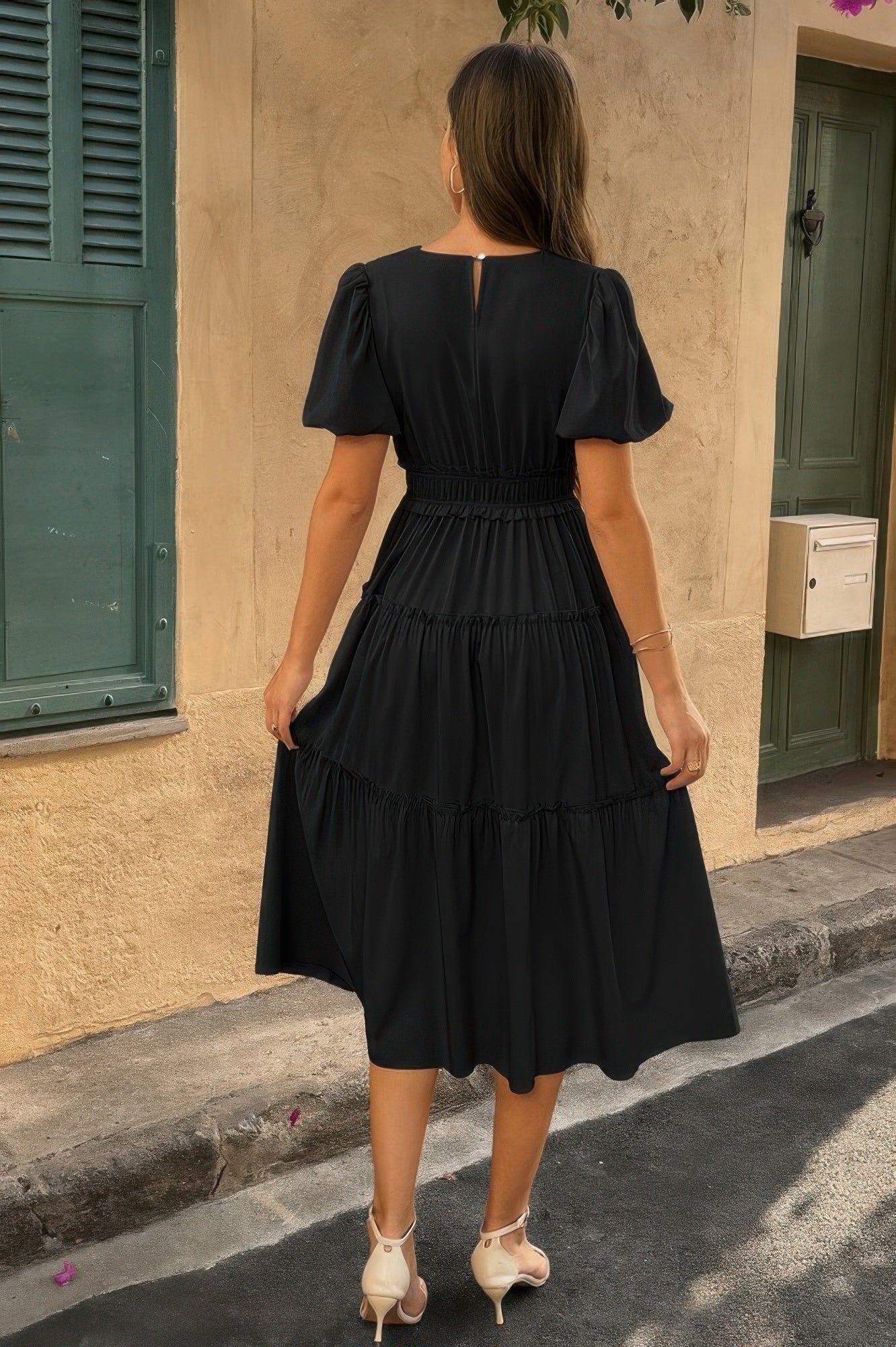 Solid Color Block Puff Sleeve Elastic Waist Dress - Wear Arielle