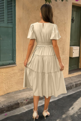 Solid Color Block Puff Sleeve Elastic Waist Dress - Wear Arielle