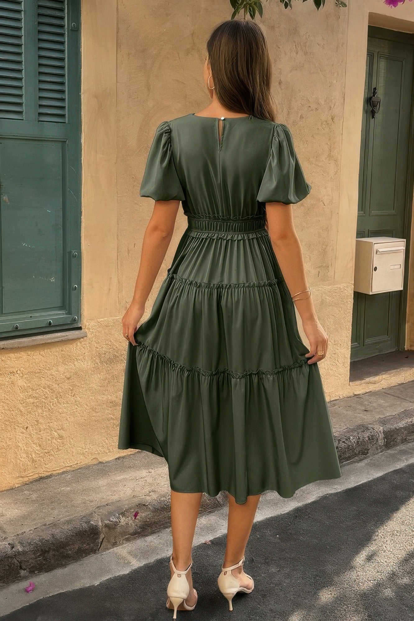 Solid Color Block Puff Sleeve Elastic Waist Dress - Wear Arielle