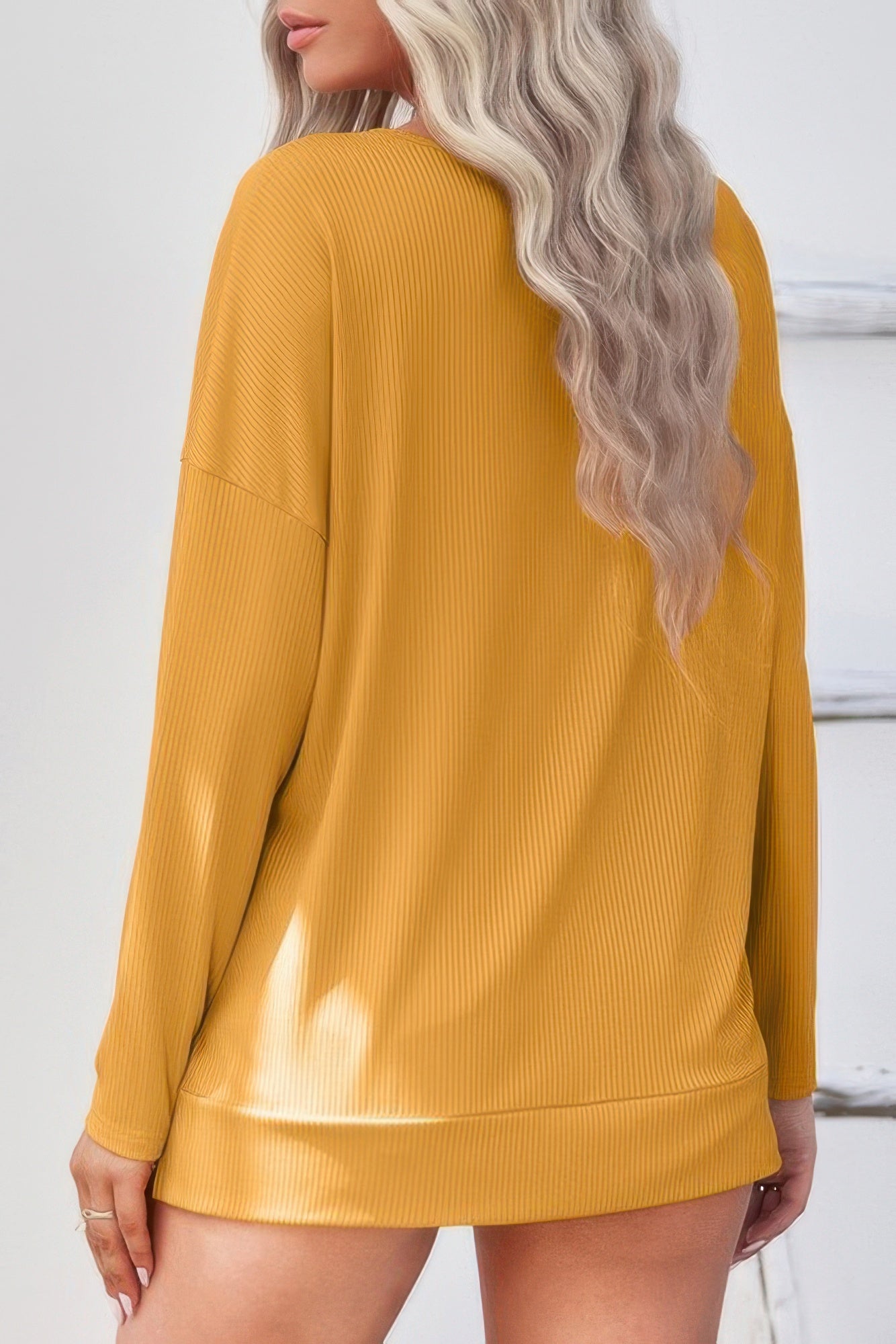 Solid Drop Shoulder V Neck Split Long Sleeve Blous - Wear Arielle