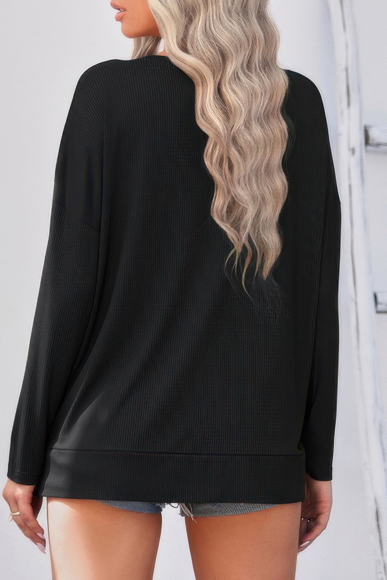 Solid Drop Shoulder V Neck Split Long Sleeve Blous - Wear Arielle