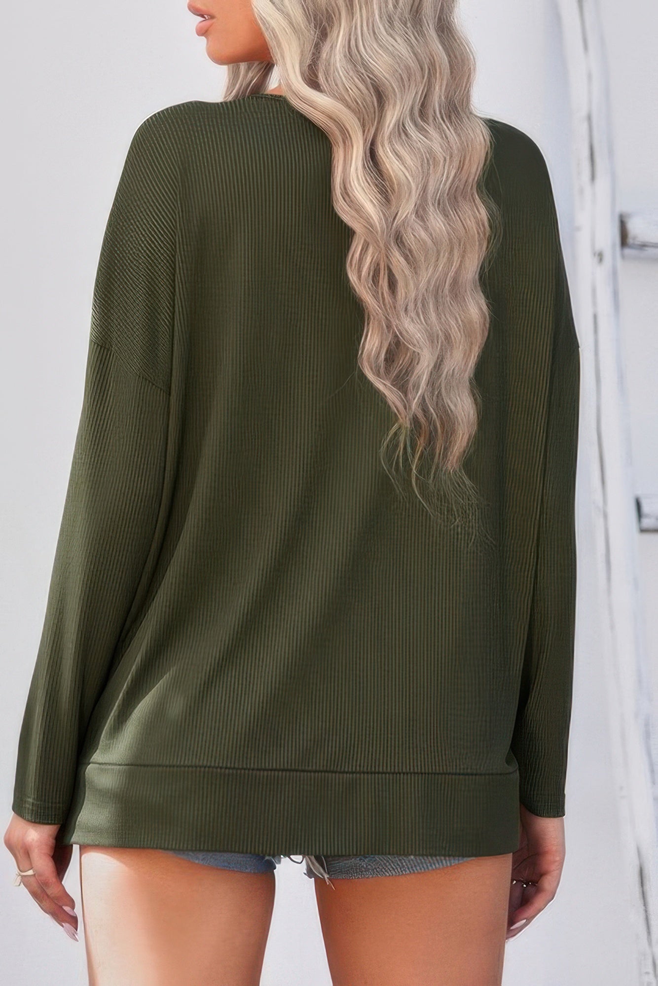 Solid Drop Shoulder V Neck Split Long Sleeve Blous - Wear Arielle